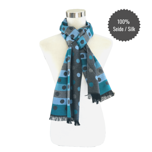 Scarf Shawl 100% Silk Flannel Jacquard Melange Grey Blue Points