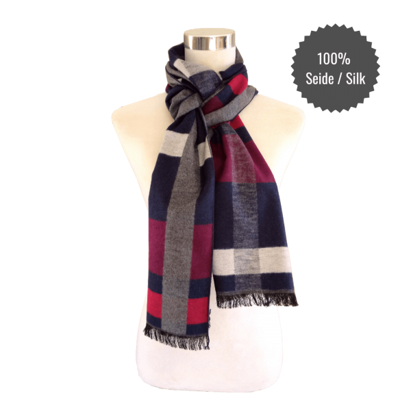 Scarf Shawl 100% Silk Flannel Jacquard Melange Dark-Navy Dark-Red Lila Grey