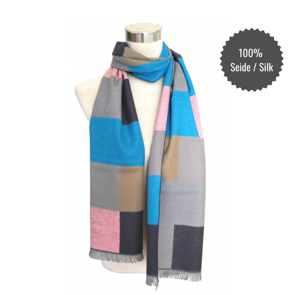 Seidenflanell Schal Patchwork Rosa Schwarz Blau