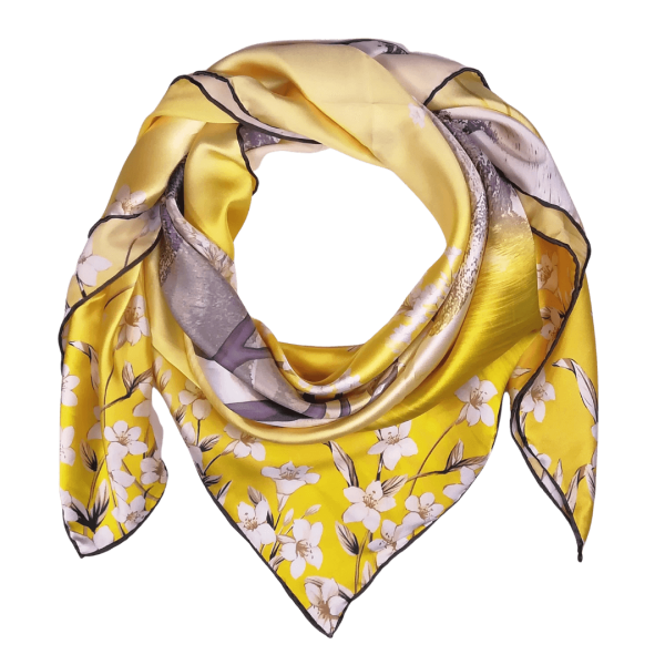 Foulard Shawl Silk Satin 110X110 Landscape Tree Yellow White Braun