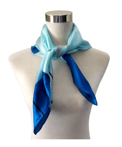 Foulard Shawl Silk Satin Lotus Water Plant Blue