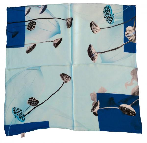 Foulard Shawl Silk Satin Lotus Water Plant Blue