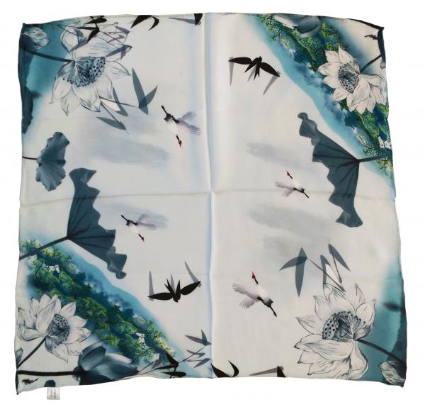 Foulard Shawl Silk Satin Birds Asia Water Plant Blue Grey