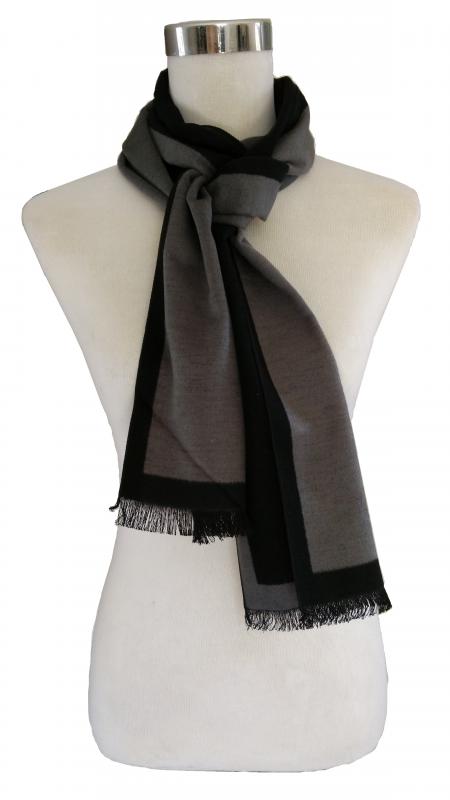 Scarf Shawl 100% Silk Flannel Jacquard Black Grey Narrow