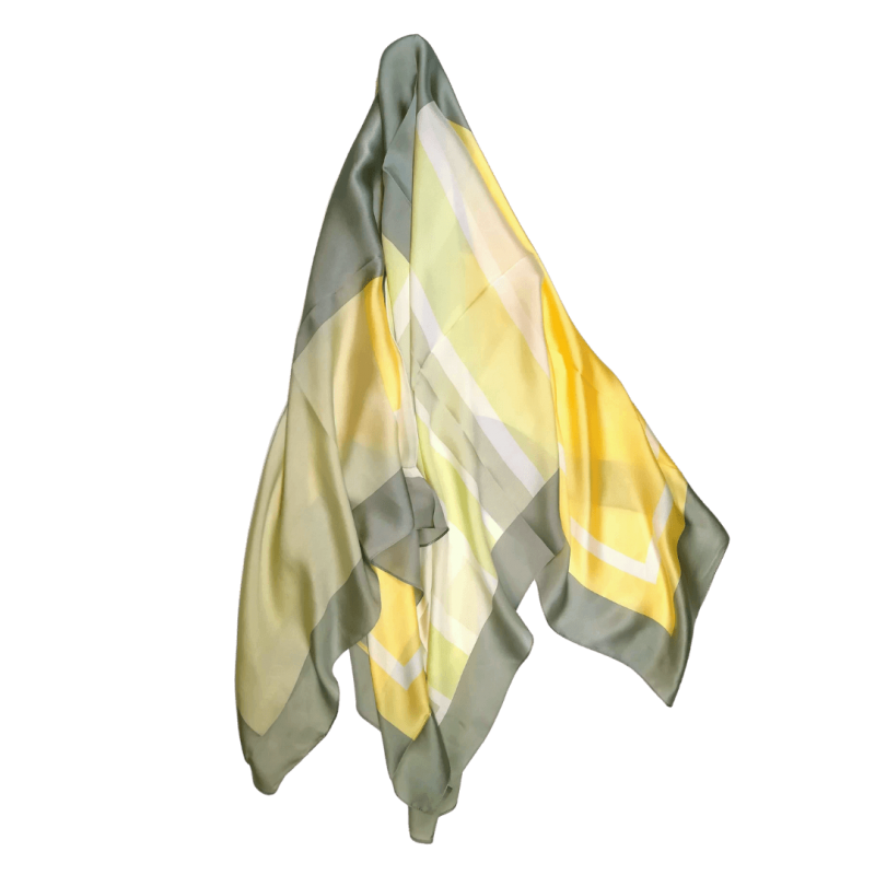 Foulard Shawl Silk Satin 110X110 Oliv Green Grey Yellow