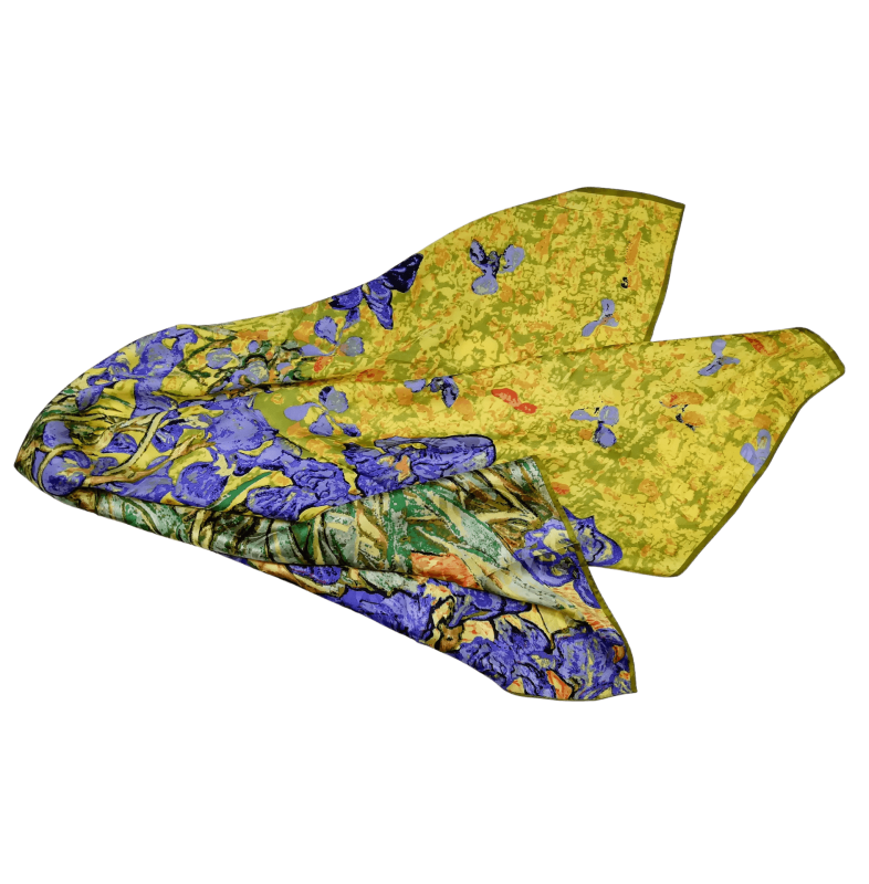 Foulard Shawl Silk Satin Jacquard 85X90 abstract Yellow Green