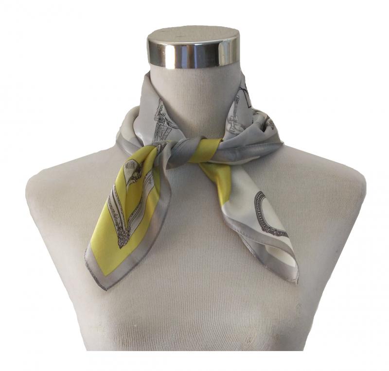 Foulard Shawl Silk Satin Classic Yellow Grey