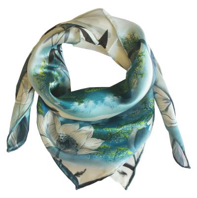 Nickituch Seide Satin Vogel Asien Wasserpflanzen Blau Grau